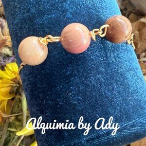 Rhodonite Bracelet — 12mm Polished Stones & Gold Chain